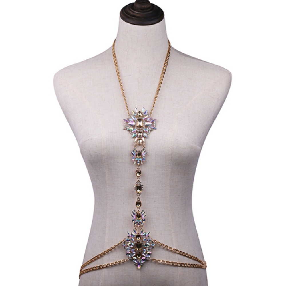 Boho Long Crystal Rhinestone Body Necklace Harness - Picture 3 of 8
